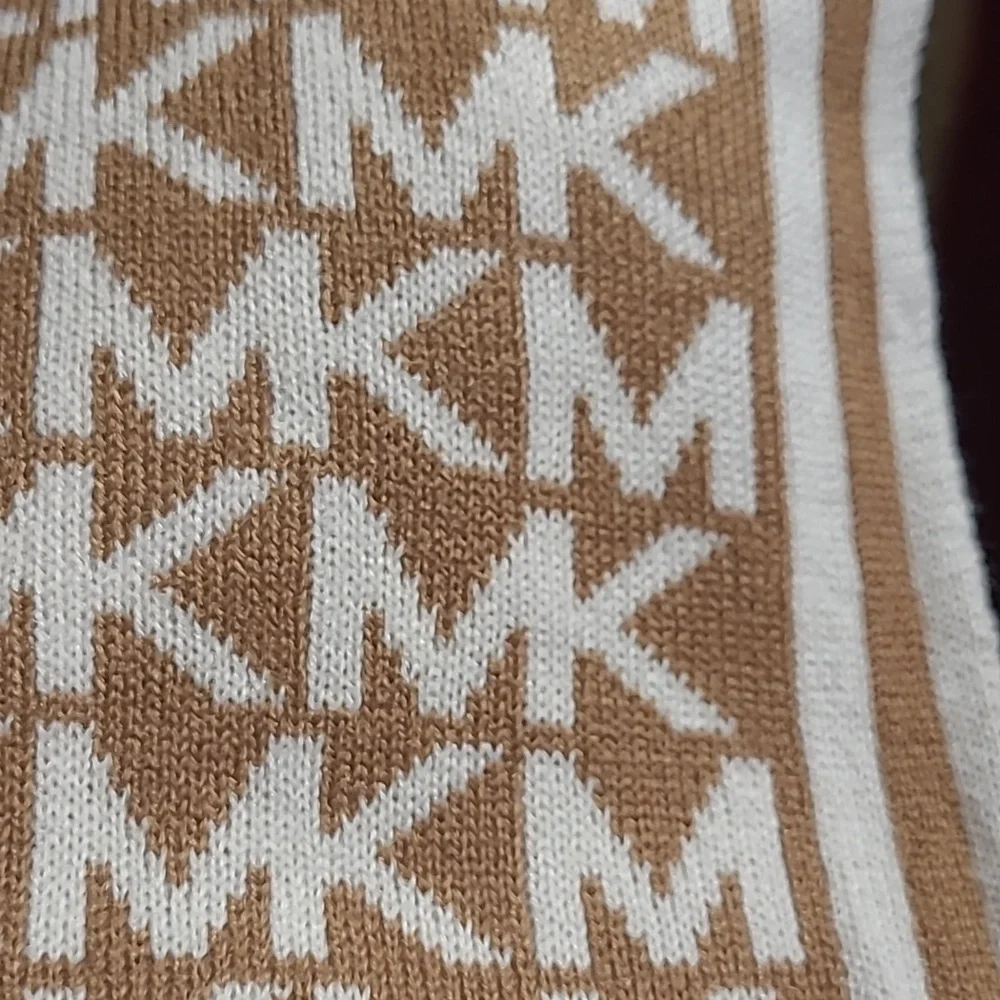 Michael Kors Bordered MK Logo Print Muffler Scarf, Camel/Cream - Picture 4 of 5